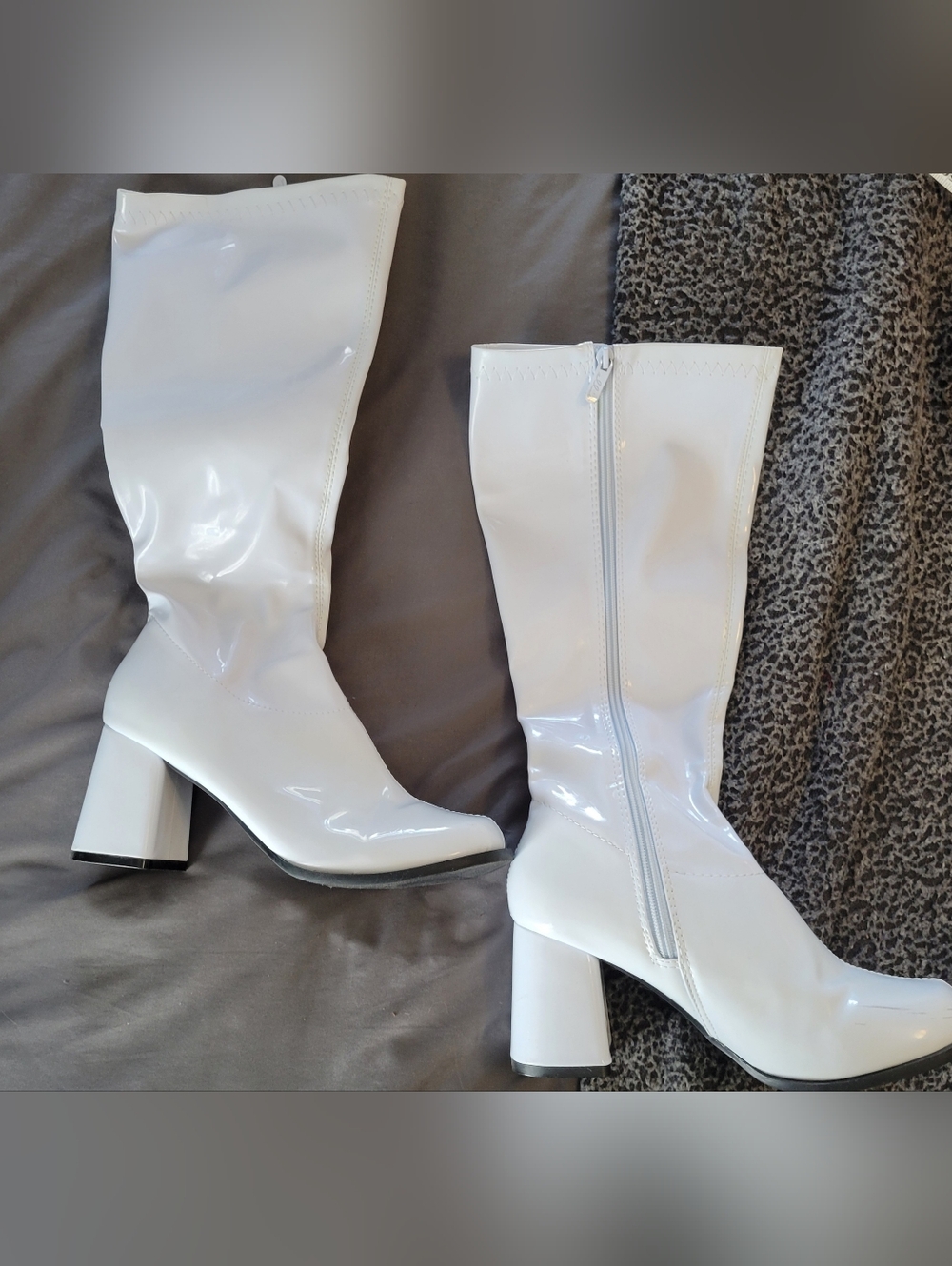 Womens White Patent Block Heel Knee Boots